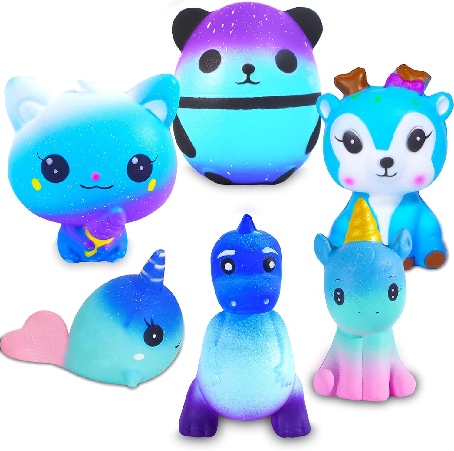 Galaxy panda squishy set with six starry animal squishies