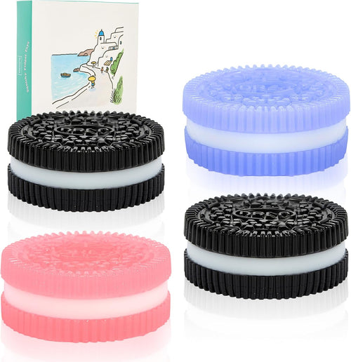 Stack of ridged sandwich cookie squishy sensory toys in pastel colors
