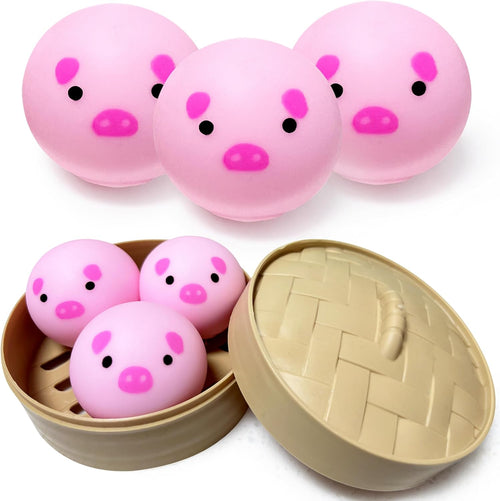 Dumpling pig squishy 3 pack mochi squishy toy in bamboo steamer