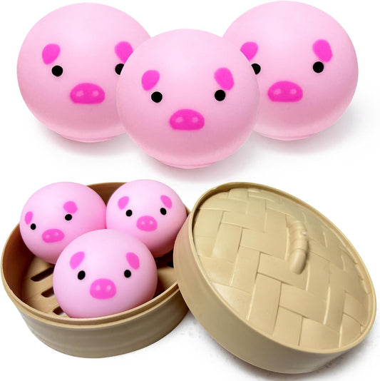 Dumpling pig squishy 3 pack mochi squishy toy in bamboo steamer