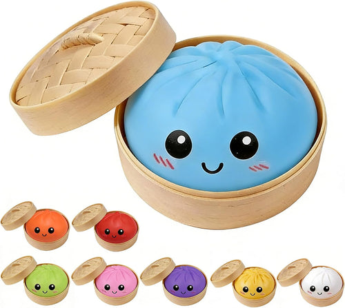 Blue dumpling squishy inside a bamboo steamer