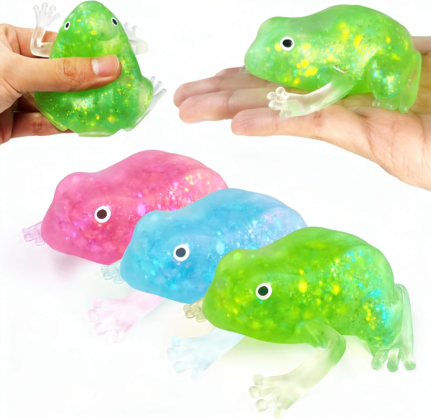 3 pack frog squishy glitter sensory fidget toys in pink blue green