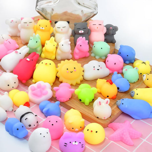 Mini egg squishy mochi pack of 40 kawaii squishies styled on board