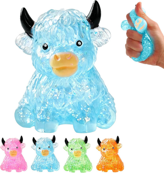Crystal jelly blue bead filled highland cow squishy fidget toy