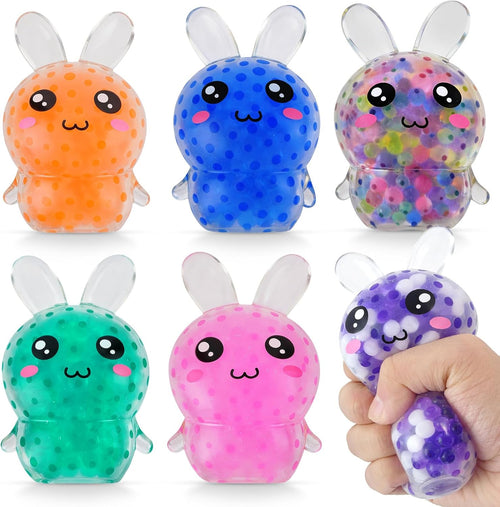 Six jumbo water bead bunny squishies in assorted colors with hand