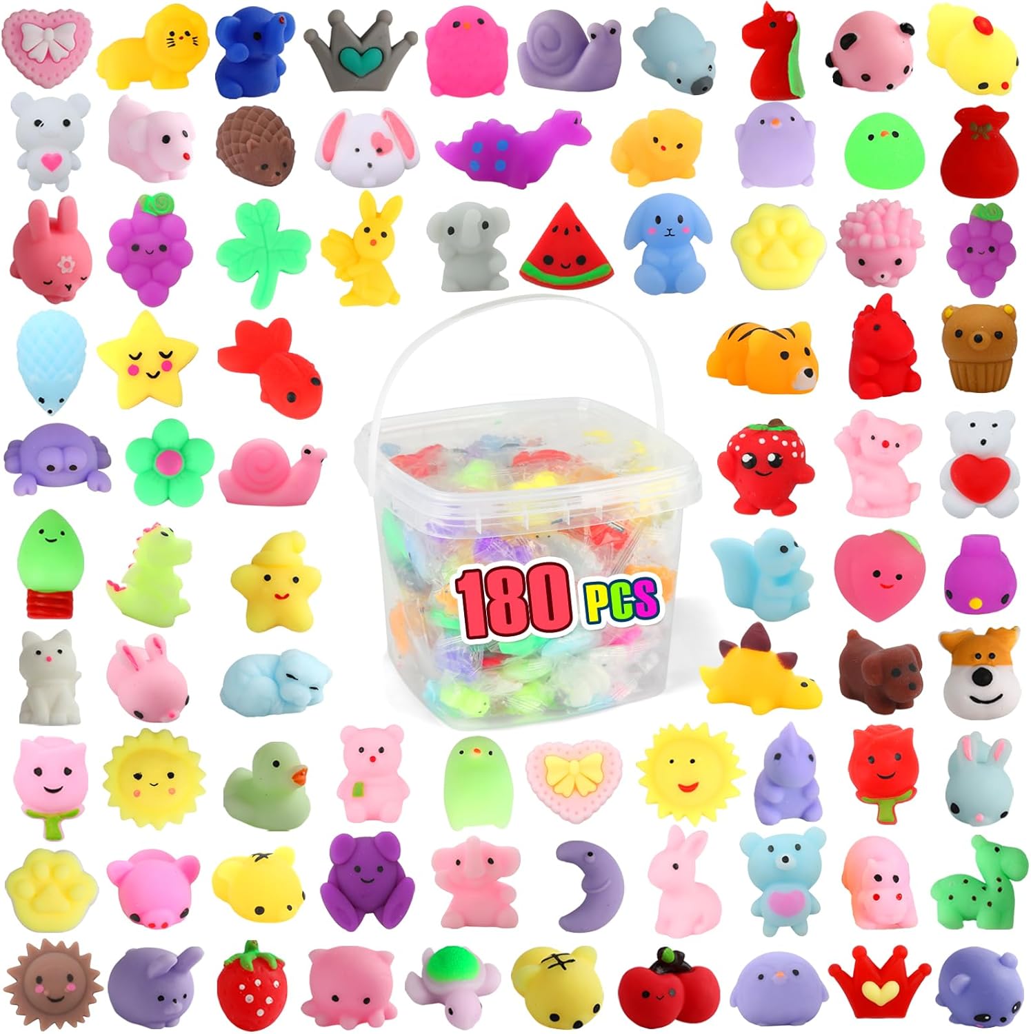 180 piece mini mochi egg squishy mix in a storage tub