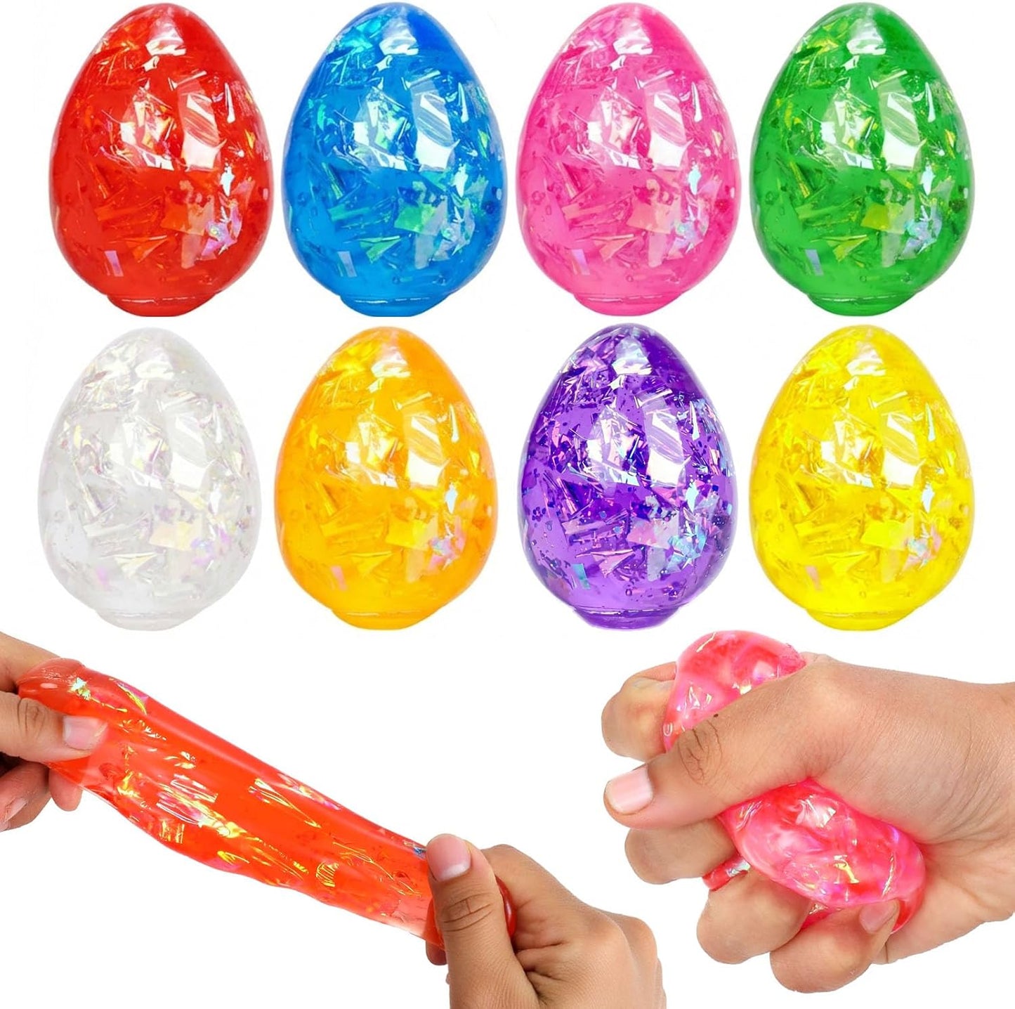 Iridescent egg squishy eight pack with glitter flakes stress balls