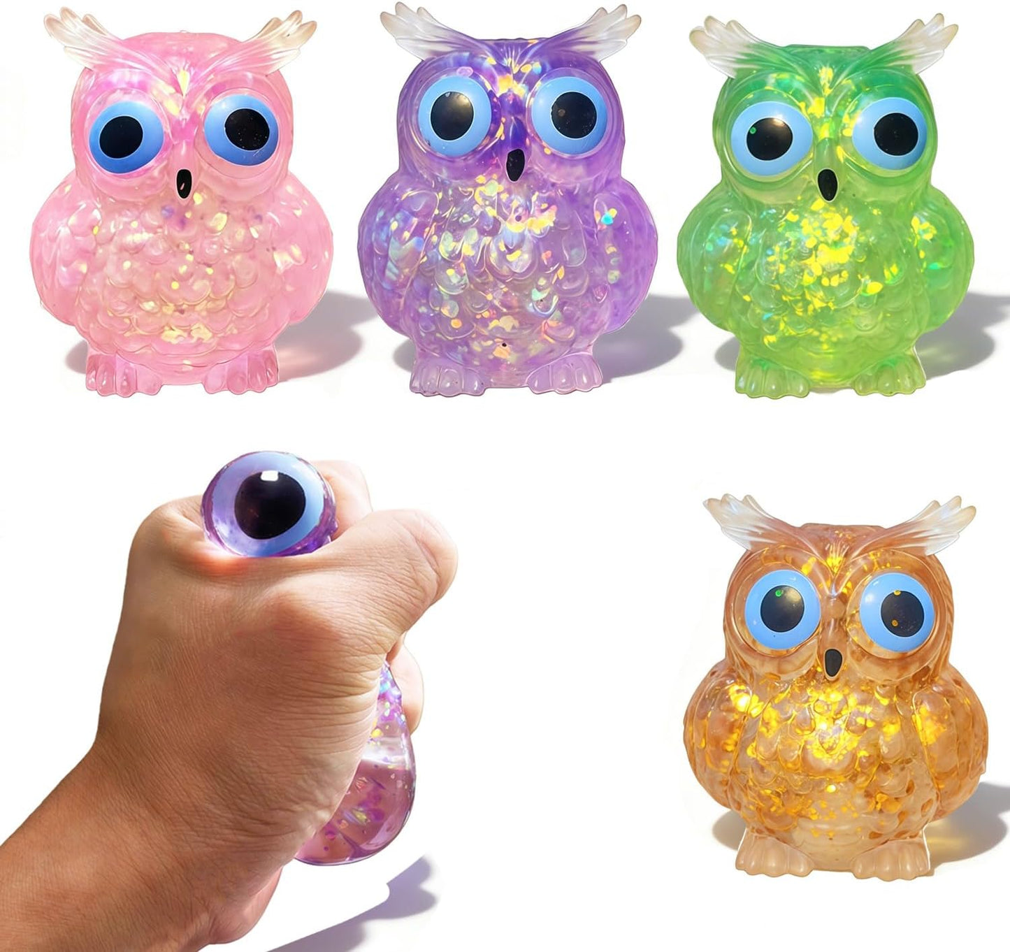 4 pack owl squishy set glitter bead squeeze stress toys