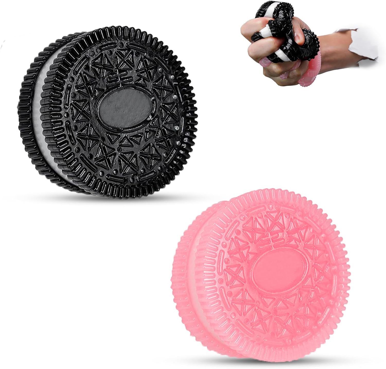 Black and pink sandwich cookie squishy toys with stamped patterns