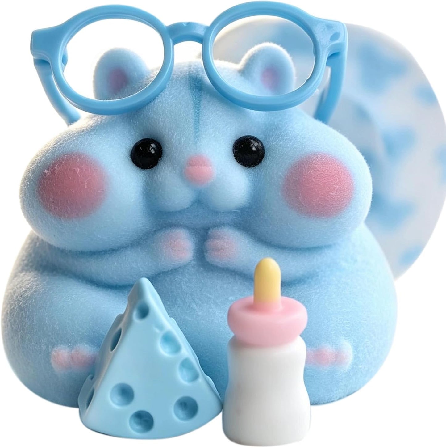 Blue flocked hamster squishy with round glasses and cheese