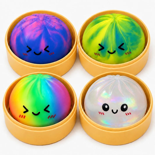 4 pcs dumpling squishies with food steamer - tie dye squeeze stress ball sensory fidget toy
