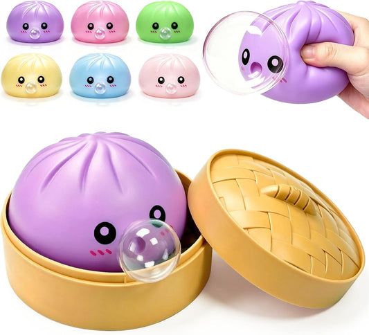 Purple bao bun bubble squishy blowing a clear bubble in a steamer
