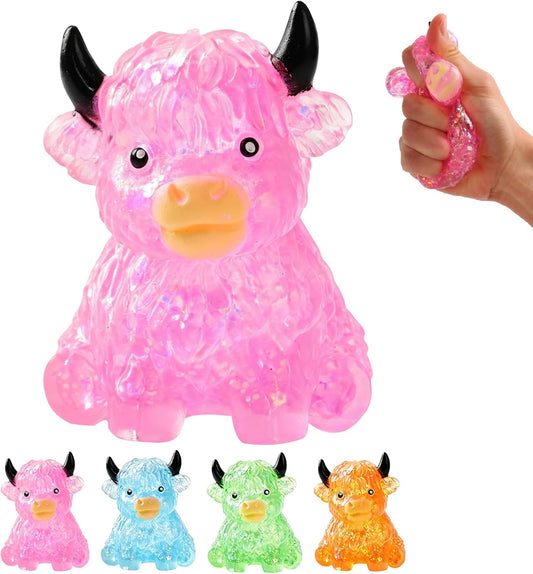 Crystal jelly pink glitter highland cow squishy squeeze toy