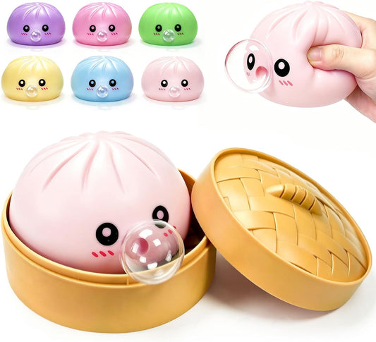 Beige bao bun bubble squishy in a bamboo steamer with color options
