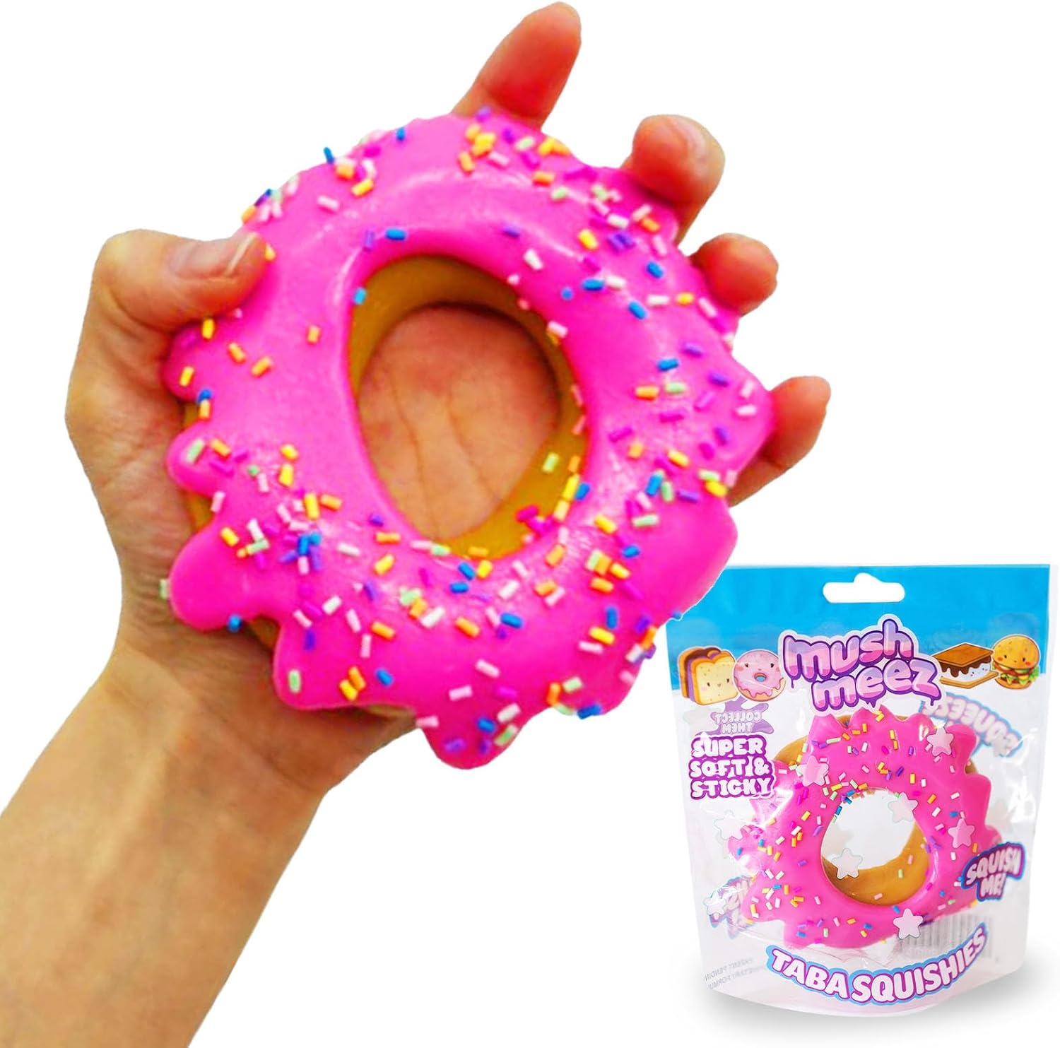 Jumbo pink sprinkled donut squishy squeezed in hand