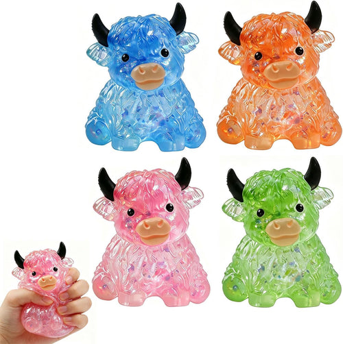 Four pack crystal jelly bead cow squishy stress relief toy set