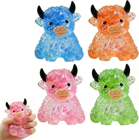 Four pack crystal jelly bead cow squishy stress relief toy set