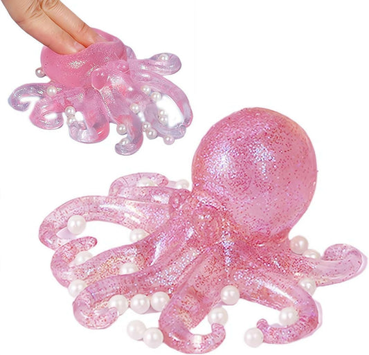 Pink glitter octopus squishy with pearl beads stress ball