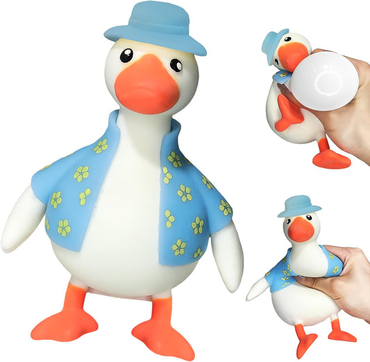 Duck squishy wearing a blue hat and floral hawaiian shirt