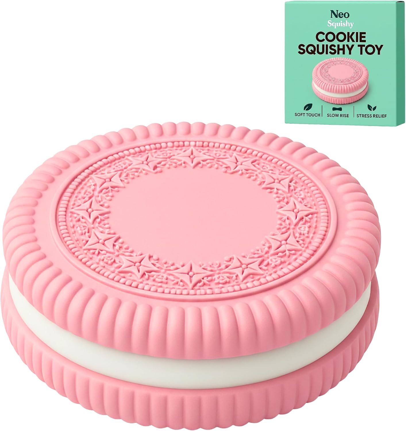 Giant pink sandwich cookie squishy with embossed lace pattern and cream center