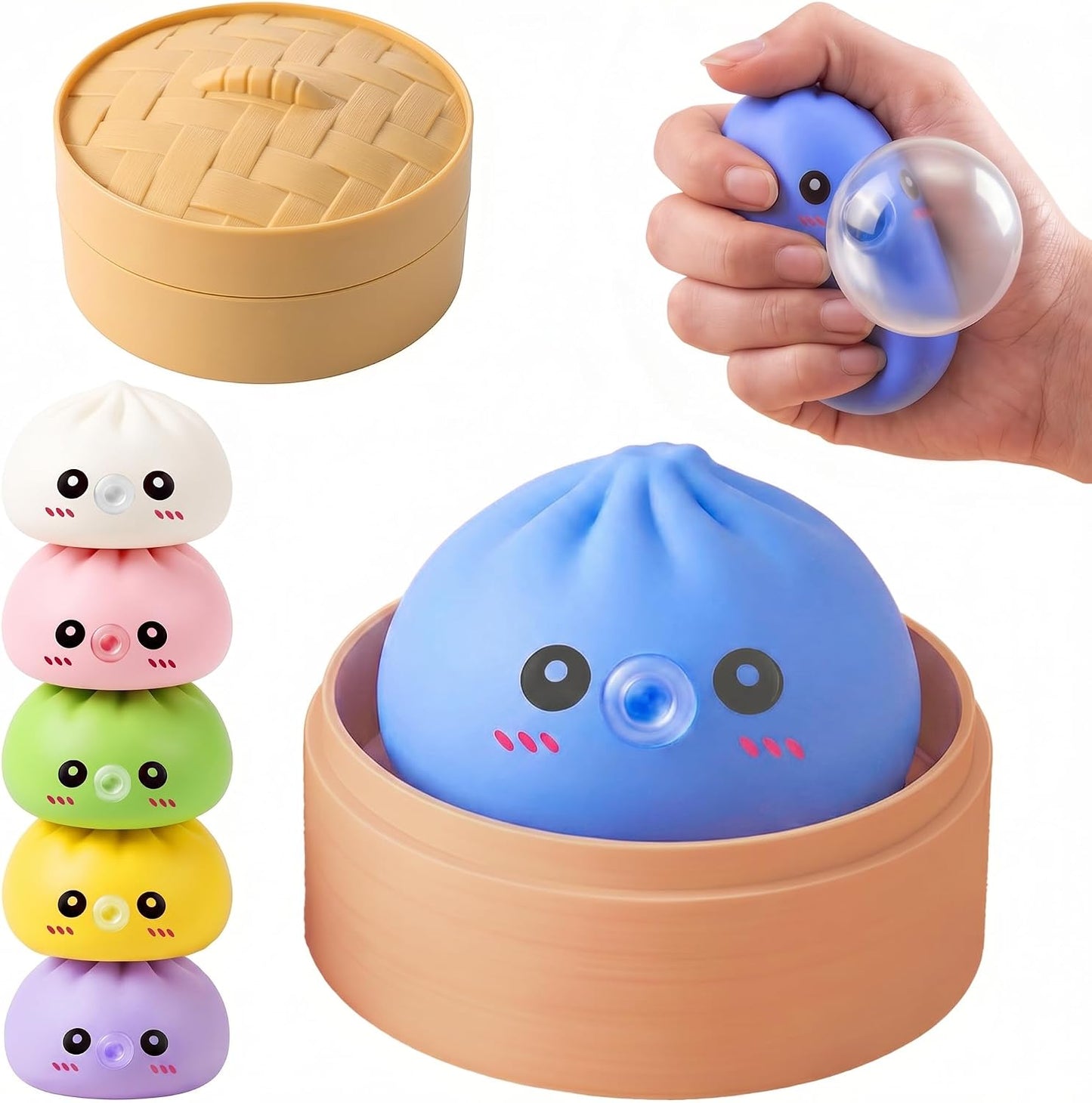 Blue dumpling bubble squishy in a bamboo steamer with color variants