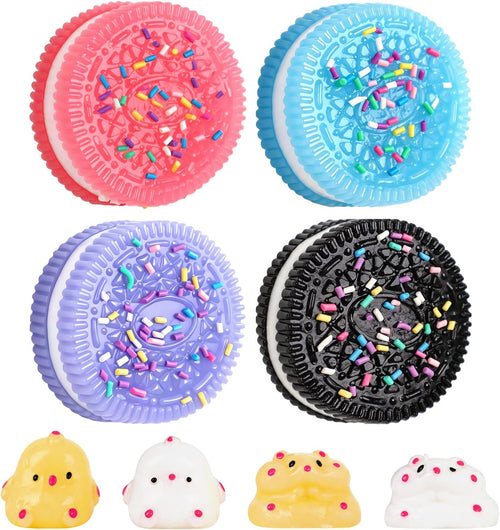 Four sprinkle-topped sandwich cookie squishy fidget toys