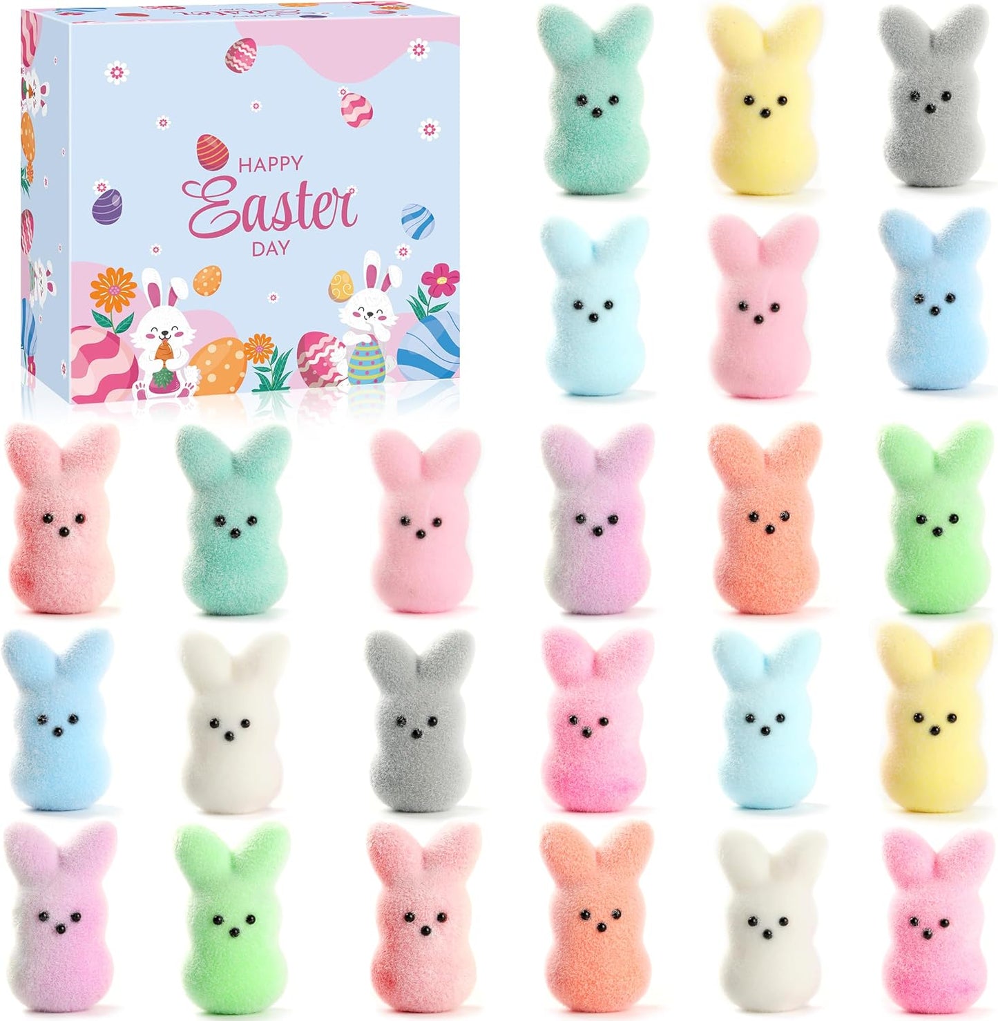 Flocked bunny squishy 24 pack soft pastel squeeze toy set