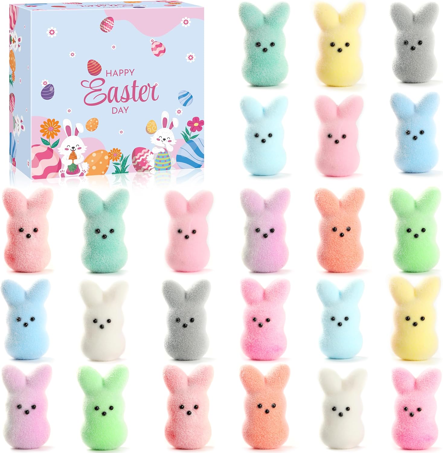 Flocked bunny squishy 24 pack soft pastel squeeze toy set
