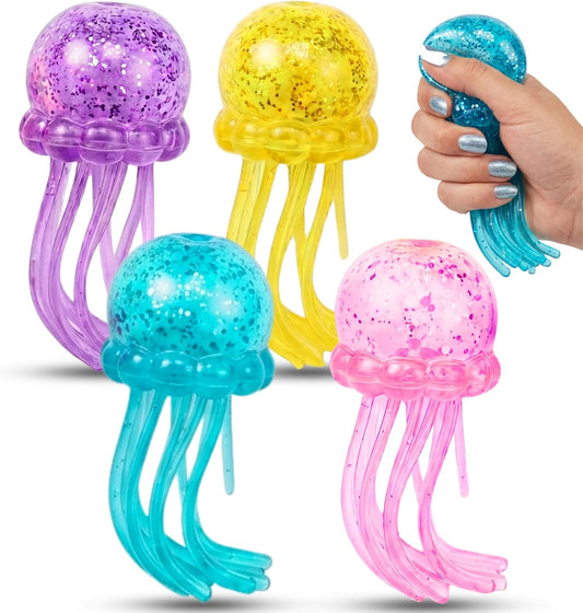 4 pack jellyfish squishy glitter slow rising stress toy set in purple yellow teal pink
