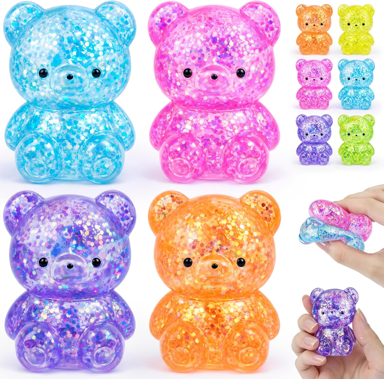 Four pack mini glitter gummy bear squishy stress balls