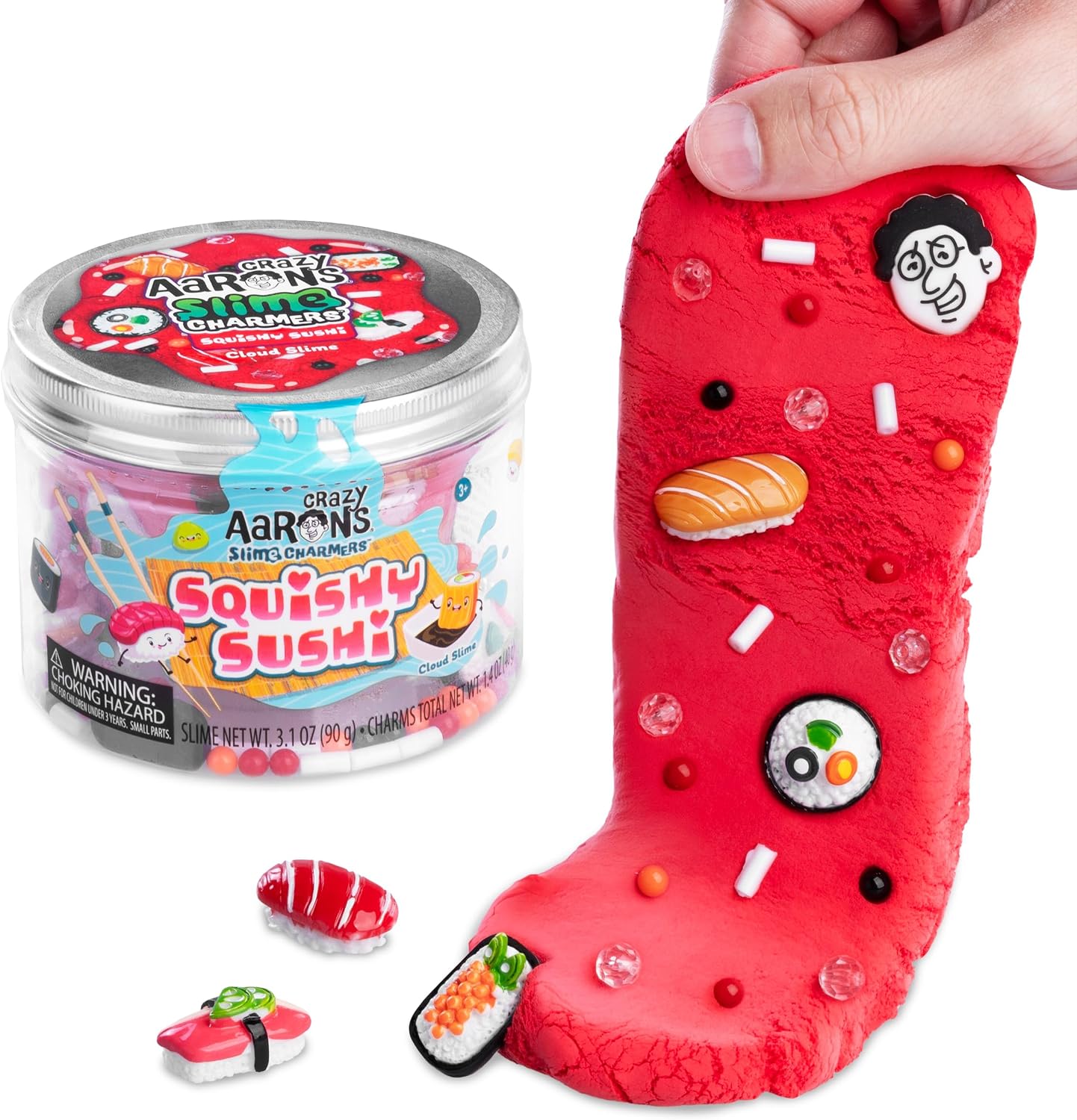 Red squishy sushi cloud slime with sushi charms in a tin