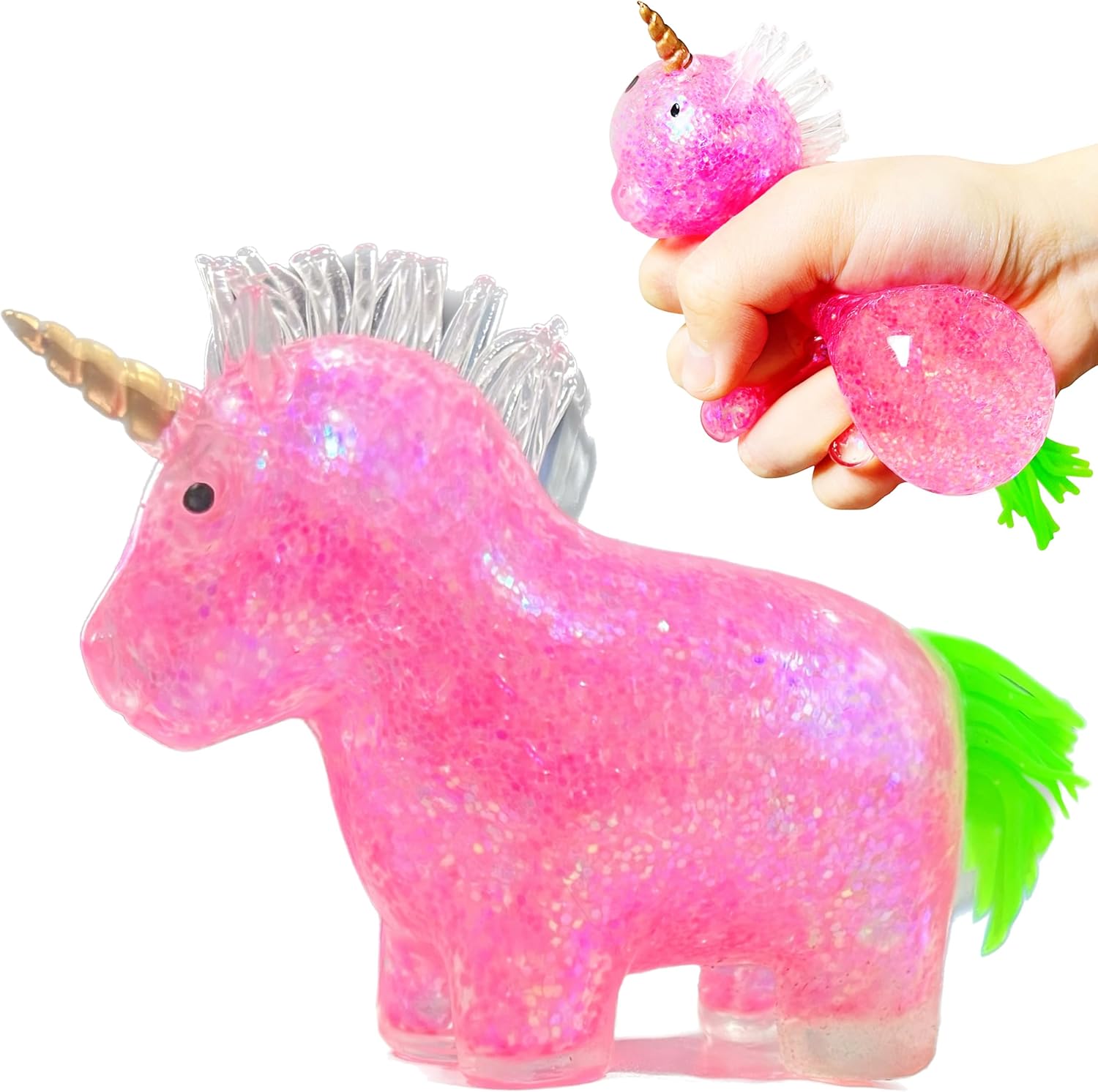 Pink glitter bead filled unicorn squishy squeeze stress relief toy with gold horn
