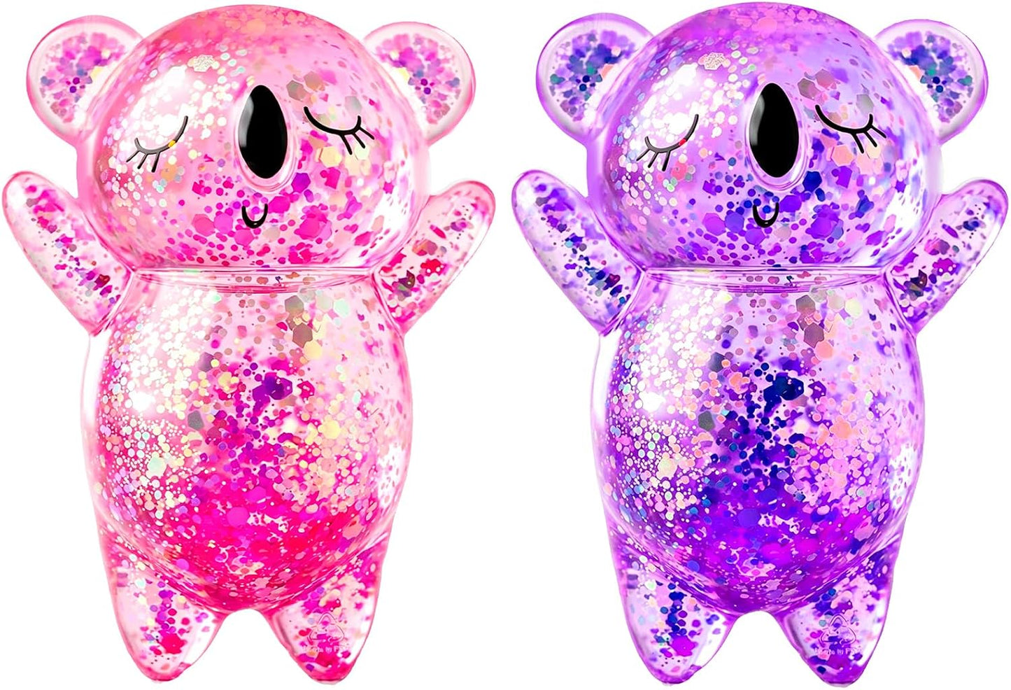 Pink and purple glitter koala squishy two pack on a white background