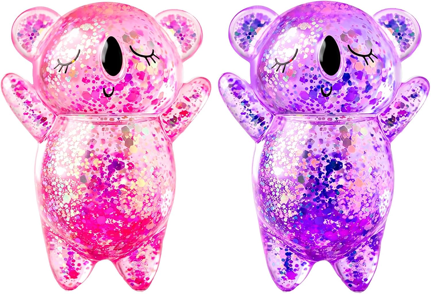 Pink and purple glitter koala squishy two pack on a white background