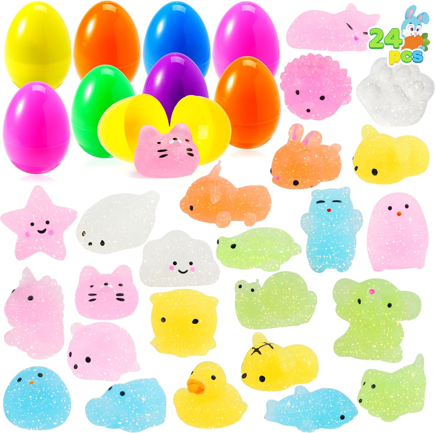 Glitter mochi squishies inside colorful plastic eggs