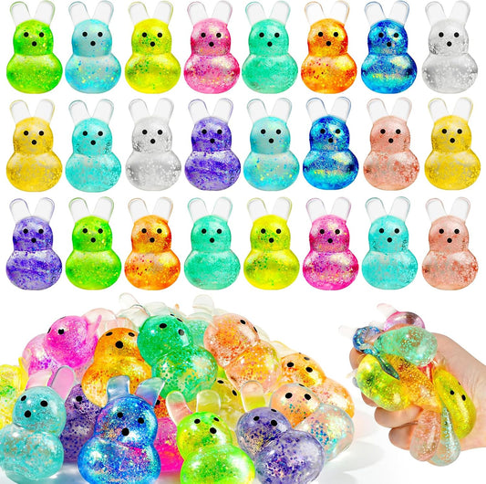 Bulk set of 24 glitter mochi bunny squishy toys in mixed colors