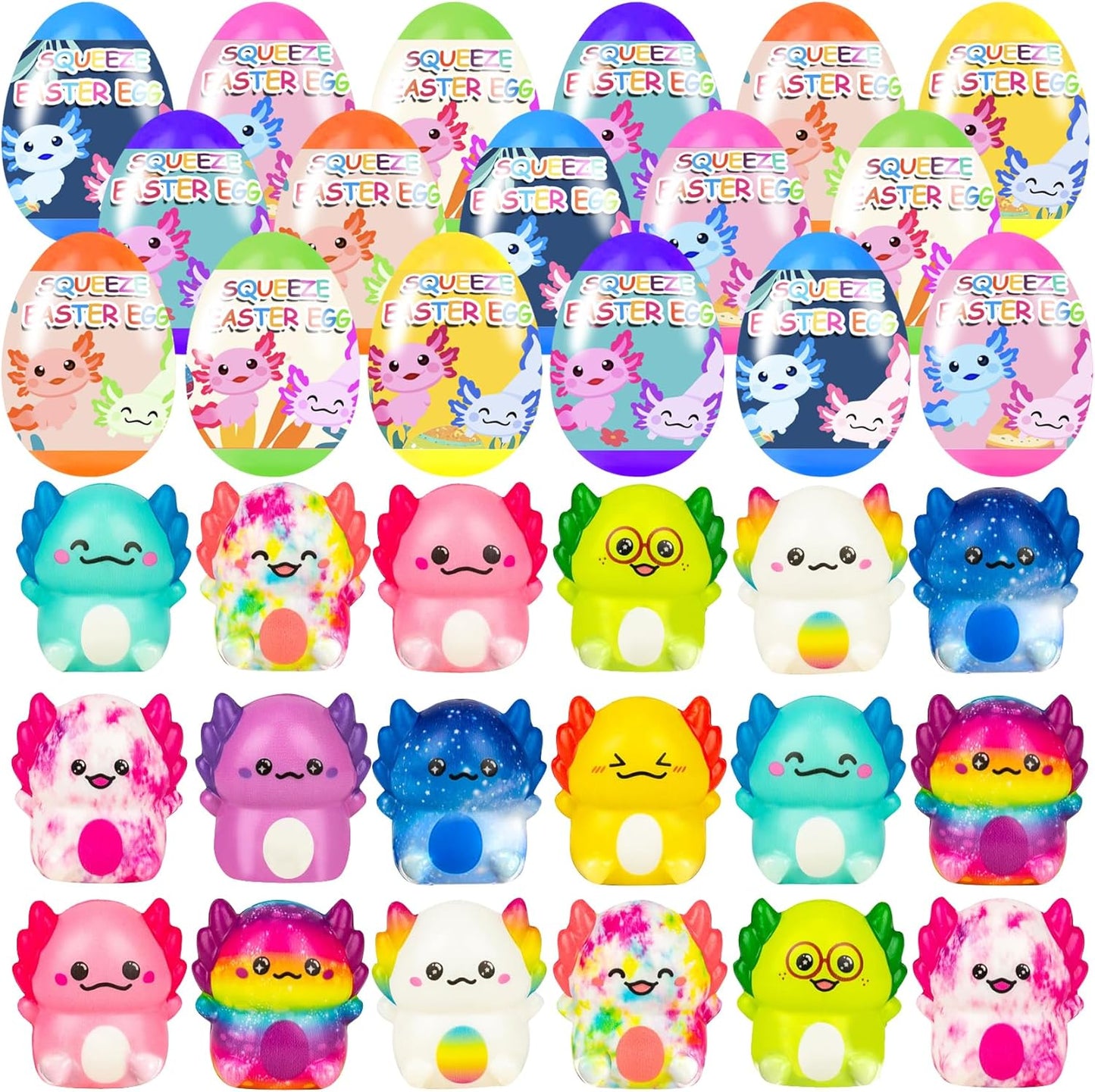 Galaxy tie dye axolotl squishies with decorated easter eggs