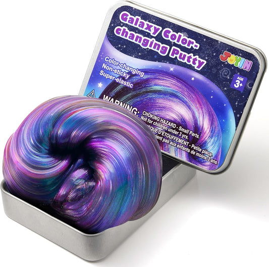 Purple cosmic galaxy squishy ball putty in a tin