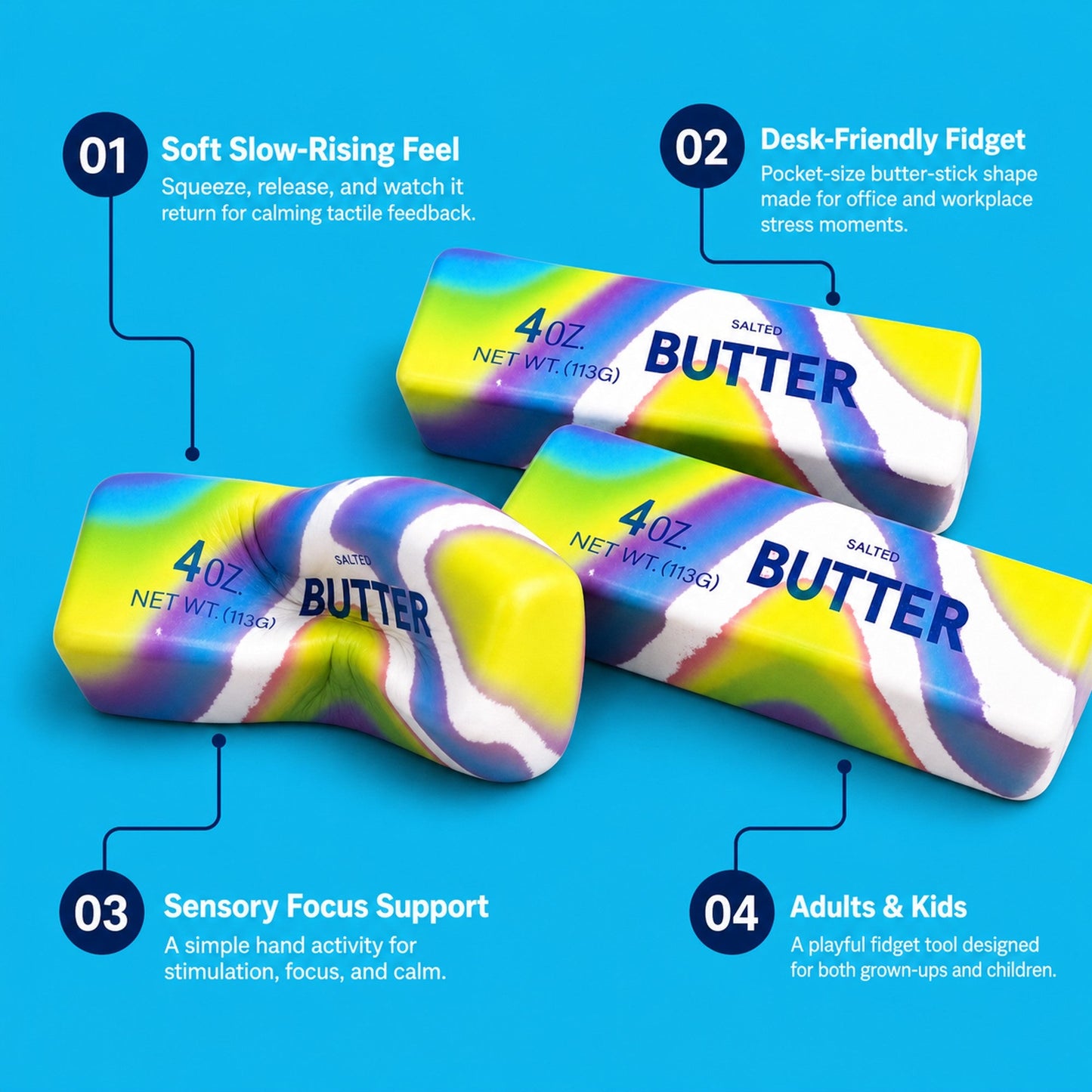 Rainbow butter squishy features: soft slow-rising, desk-friendly fidget, sensory focus, for adults and kids