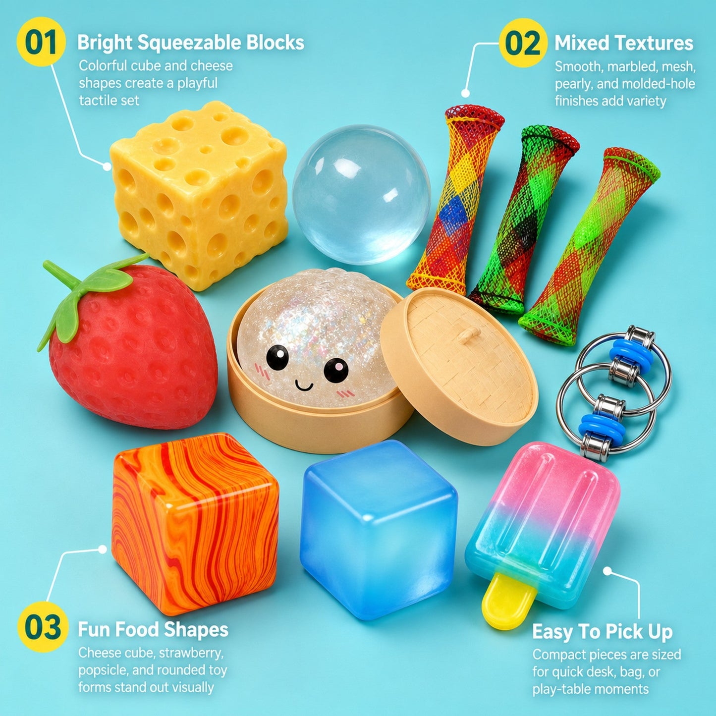 Colorful Cheese Squishy Set features