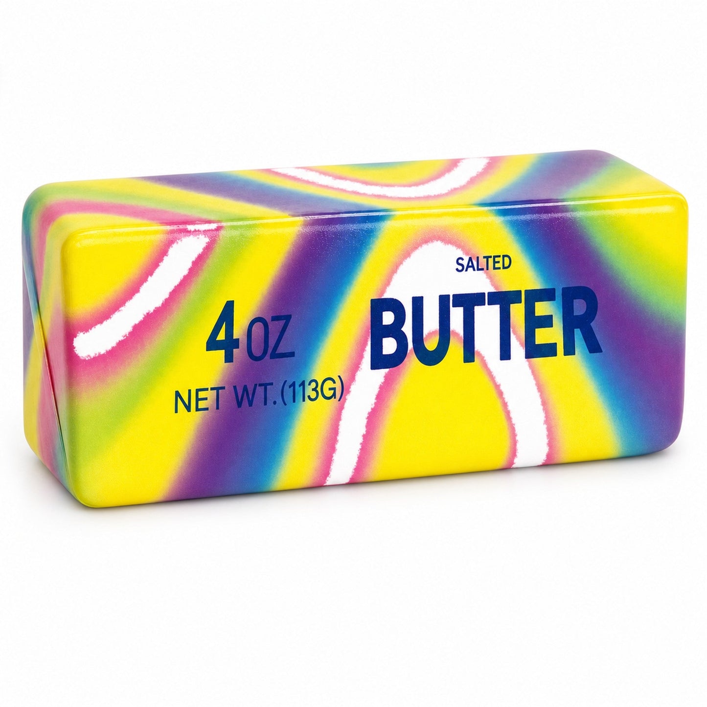 Rainbow tie-dye butter stick squishy fidget toy with salted butter design on white background