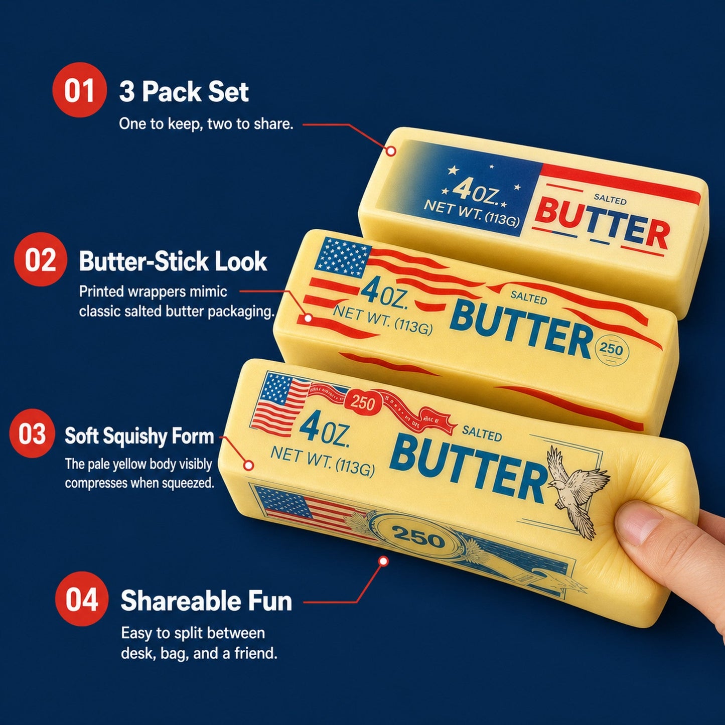 3 Pack Butter Squishy features