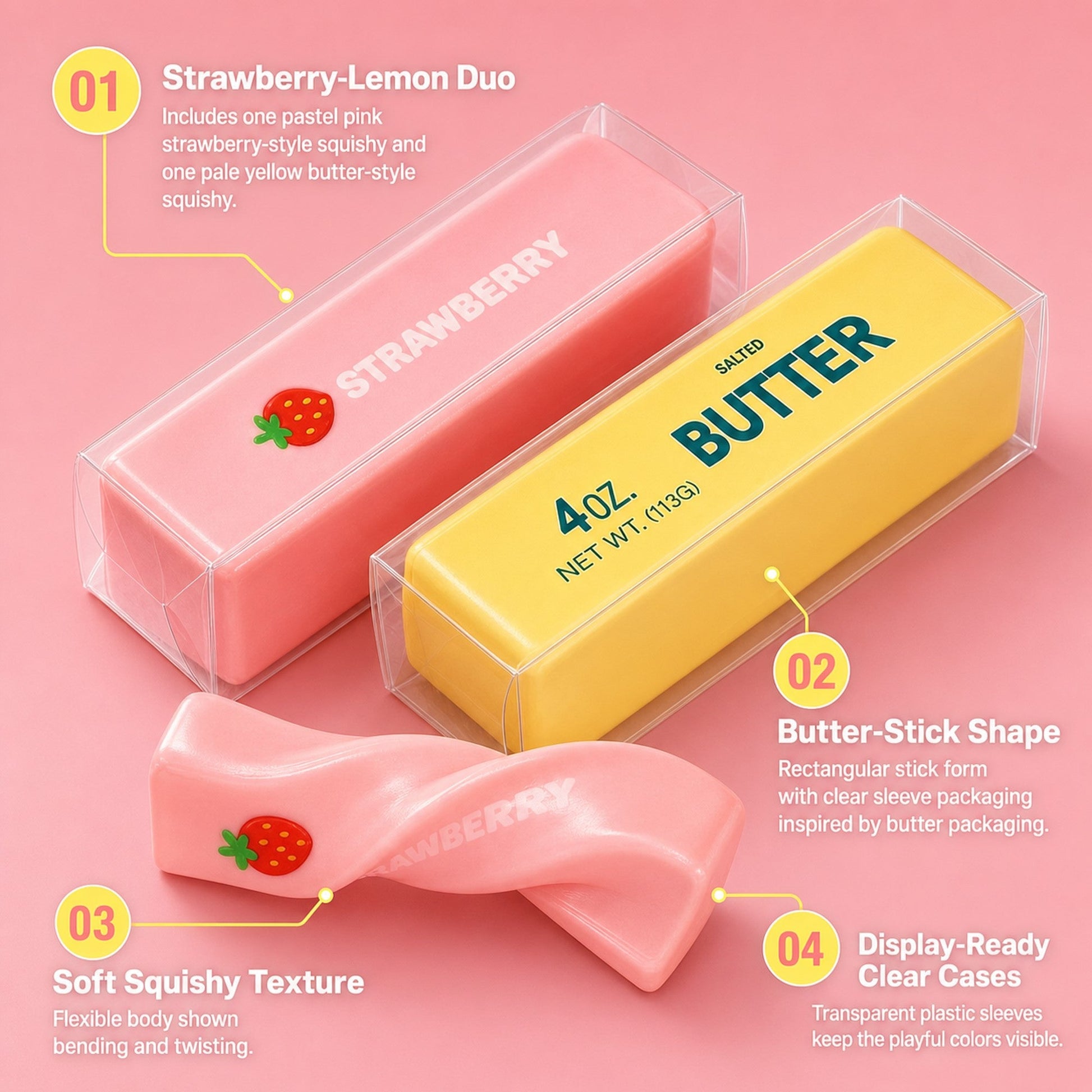 Pink Yellow Butter Squishy features