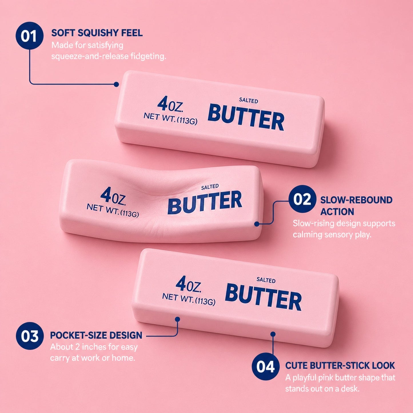 Pink butter squishy features: soft squishy feel, slow-rebound action, pocket-size, cute butter-stick look