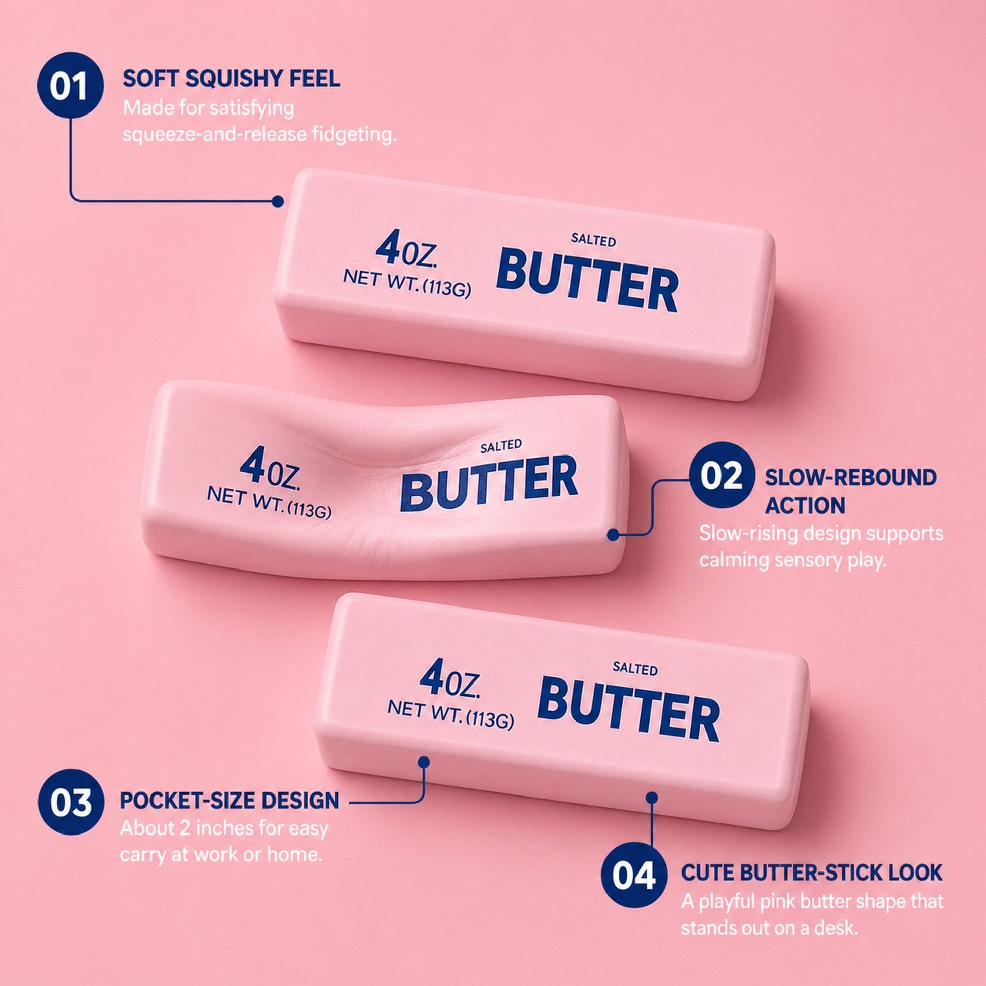 Pink butter squishy features: soft squishy feel, slow-rebound action, pocket-size, cute butter-stick look