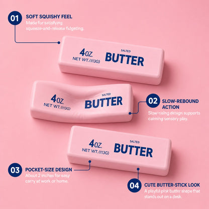 Pink butter squishy features: soft squishy feel, slow-rebound action, pocket-size, cute butter-stick look