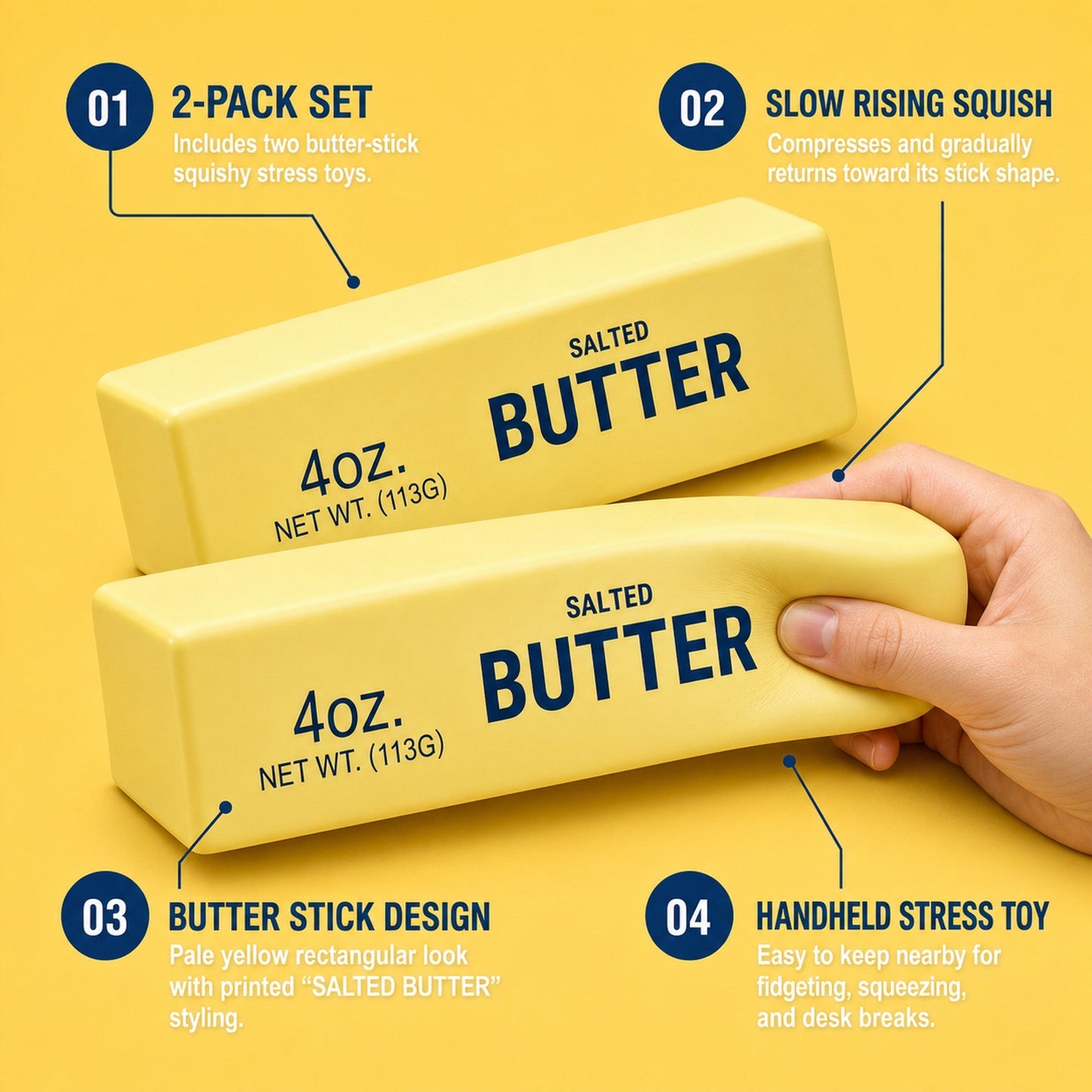 Butter squishy features: 2-pack, slow rising, stick design, handheld