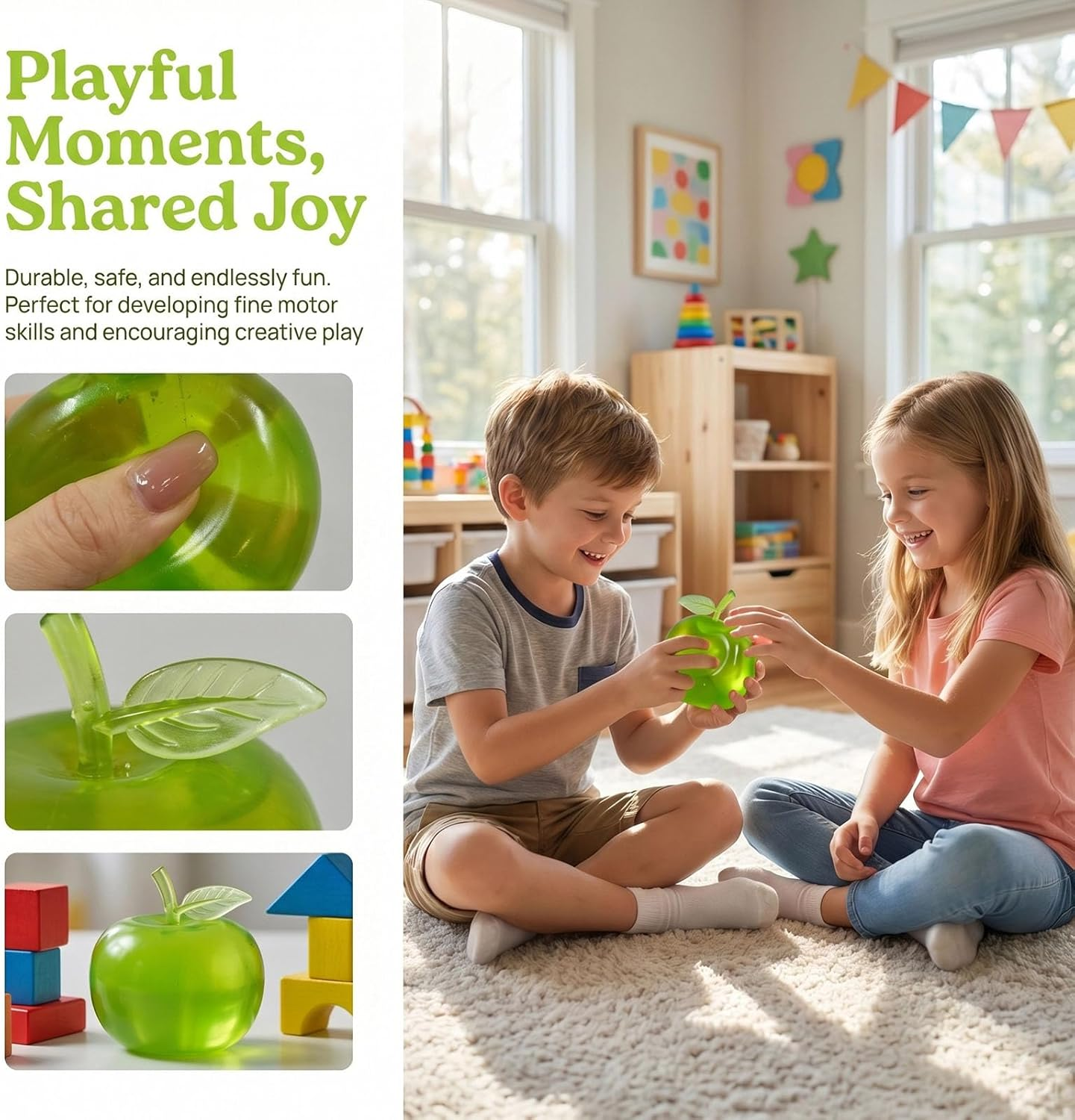 Two children playing together with the green apple squishy in a bright playroom