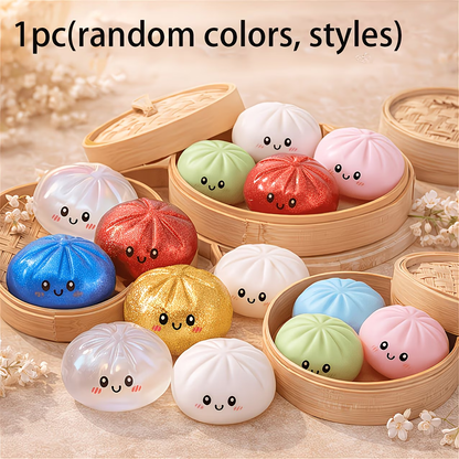 Baozi bun squishy stress balls with cute faces in bamboo steamers, random colors and styles