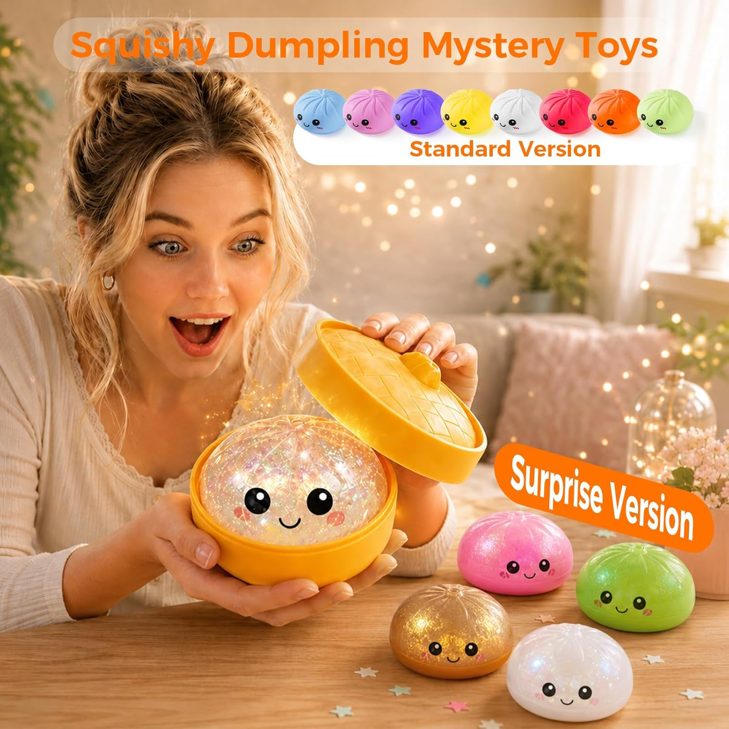 Squishy dumpling mystery toys - standard color lineup and glittery surprise version